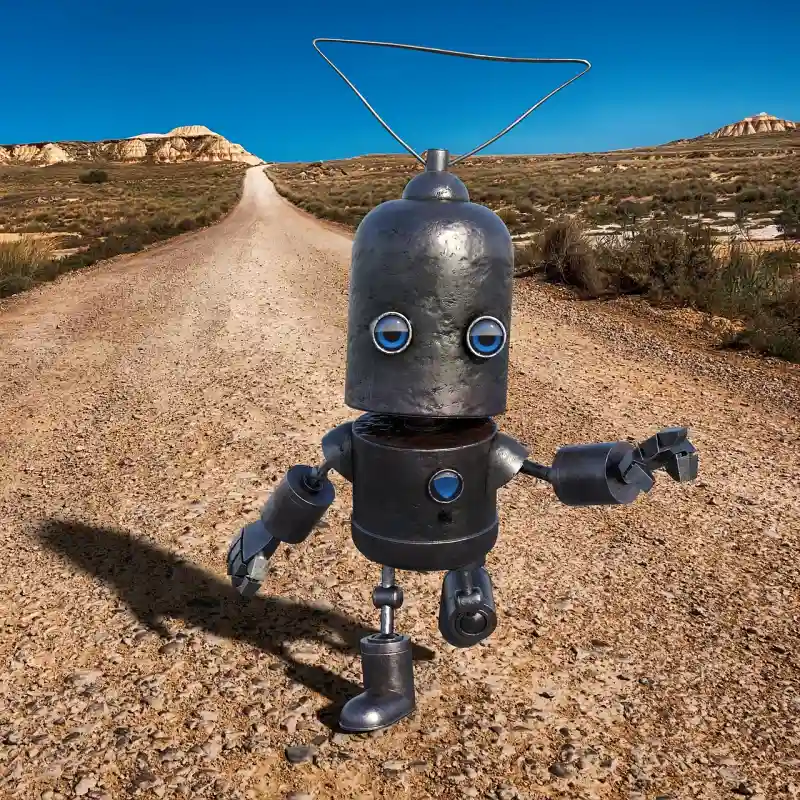 Roboter läuft durch eine Steppe.